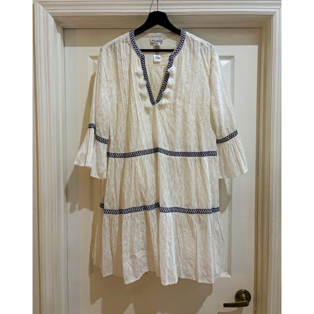Tommy Bahama White 100% Cotton V-Neck Tassel Shift Dress Women's L